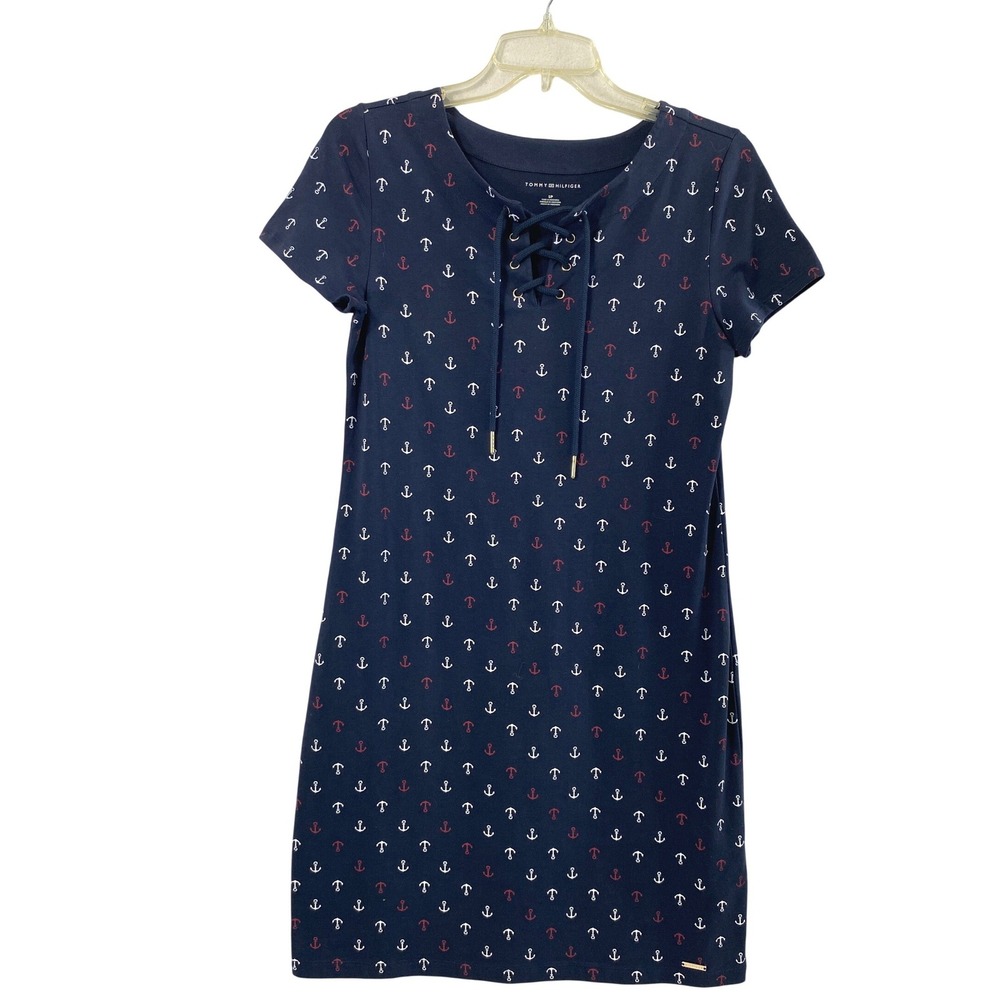 Tommy Hilfiger Dress Womens Small Blue Anchor Lace Up Nautical Coastal Preppy